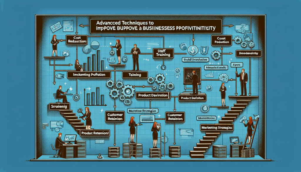 An illustration highlighting various business strategies and processes to improve productivity, such as cost reduction, staff training, product development, and marketing strategies.
